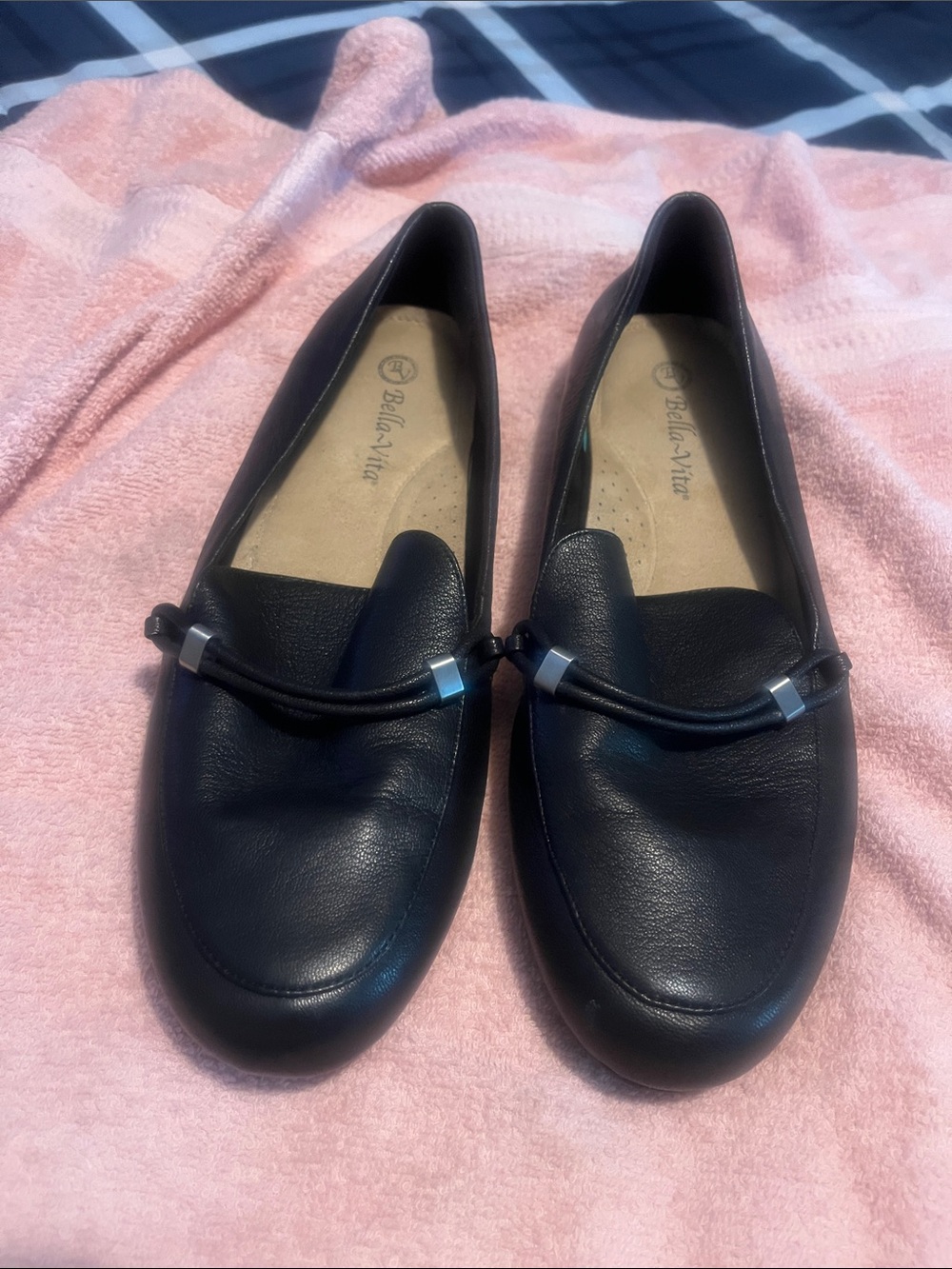 Bella Vita Black Leather Slip-On Loafers with Accent Hardware